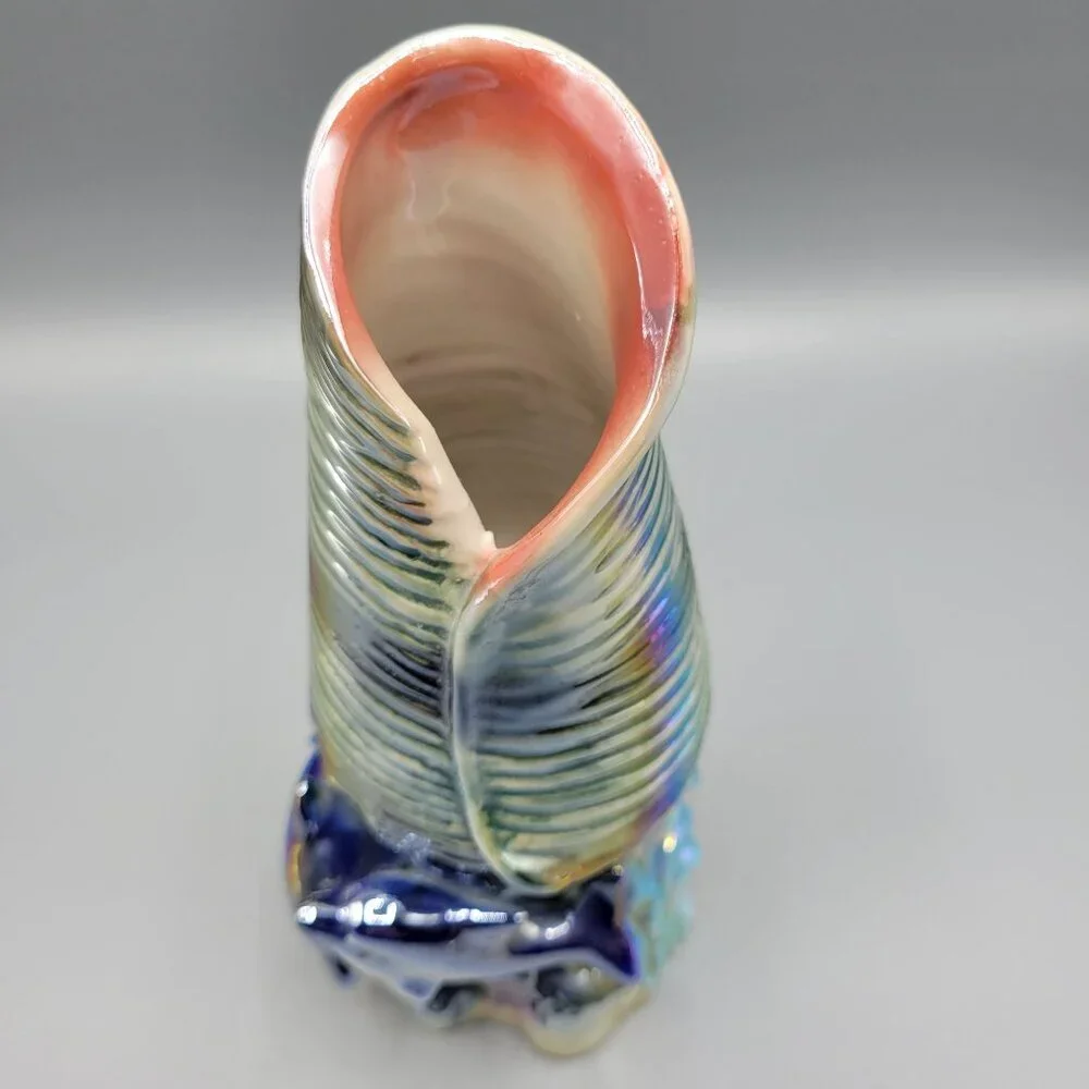 Vintage Iridescent Ceramic Vase Shell Shape Ocean Inspired Design 7.5